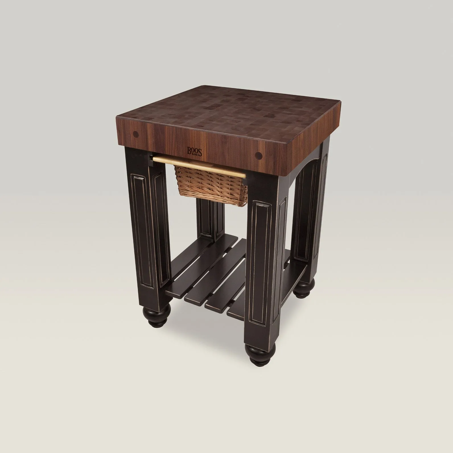 25" x 24" x 4" Walnut Gathering Block With Lower Shelf And 1 Wicker Basket