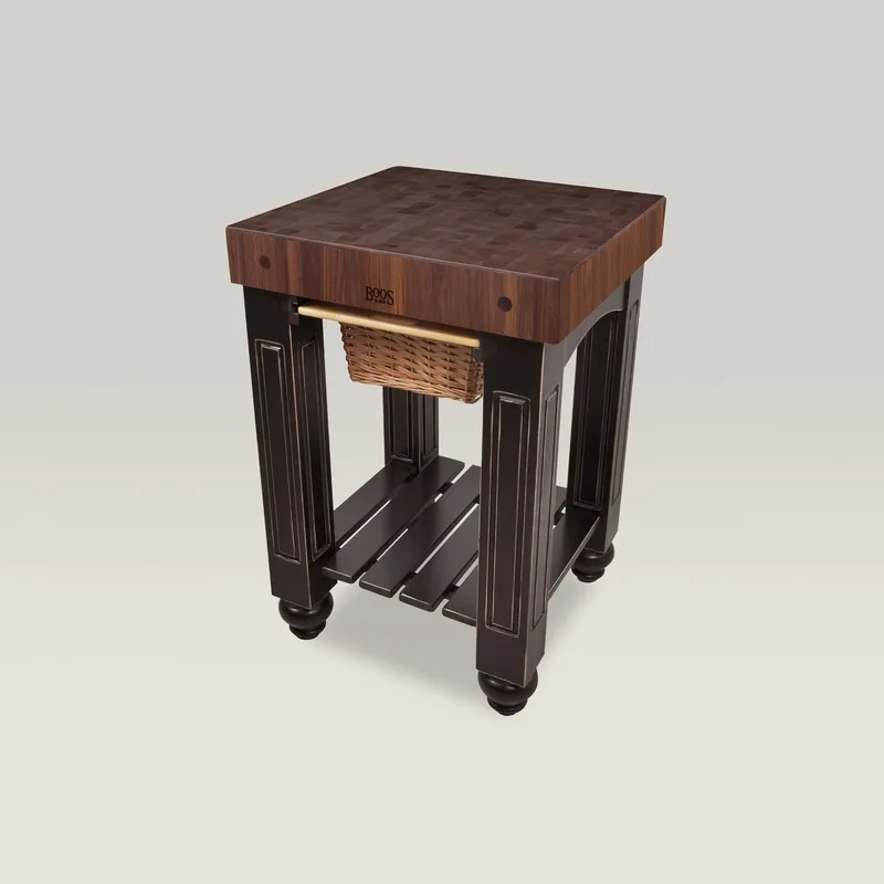 25" x 24" x 4" Walnut Gathering Block With Lower Shelf And 1 Wicker Basket