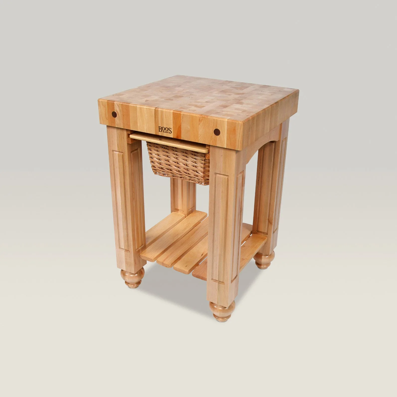 25" x 24" x 4" Maple Gathering Block With Lower Shelf And 1 Wicker Basket