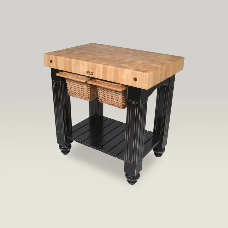 36" x 24" x 4" Maple Gathering Block With Lower Shelf And 2 Wicker Baskets