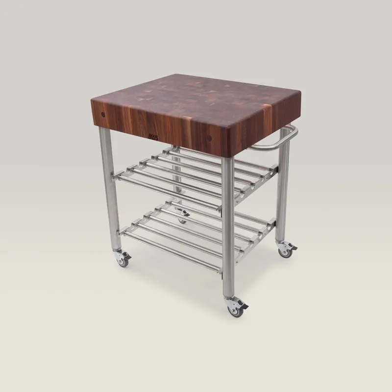 Walnut Cucina D'Amico Wine Cart With Undershelves And Towel Bar