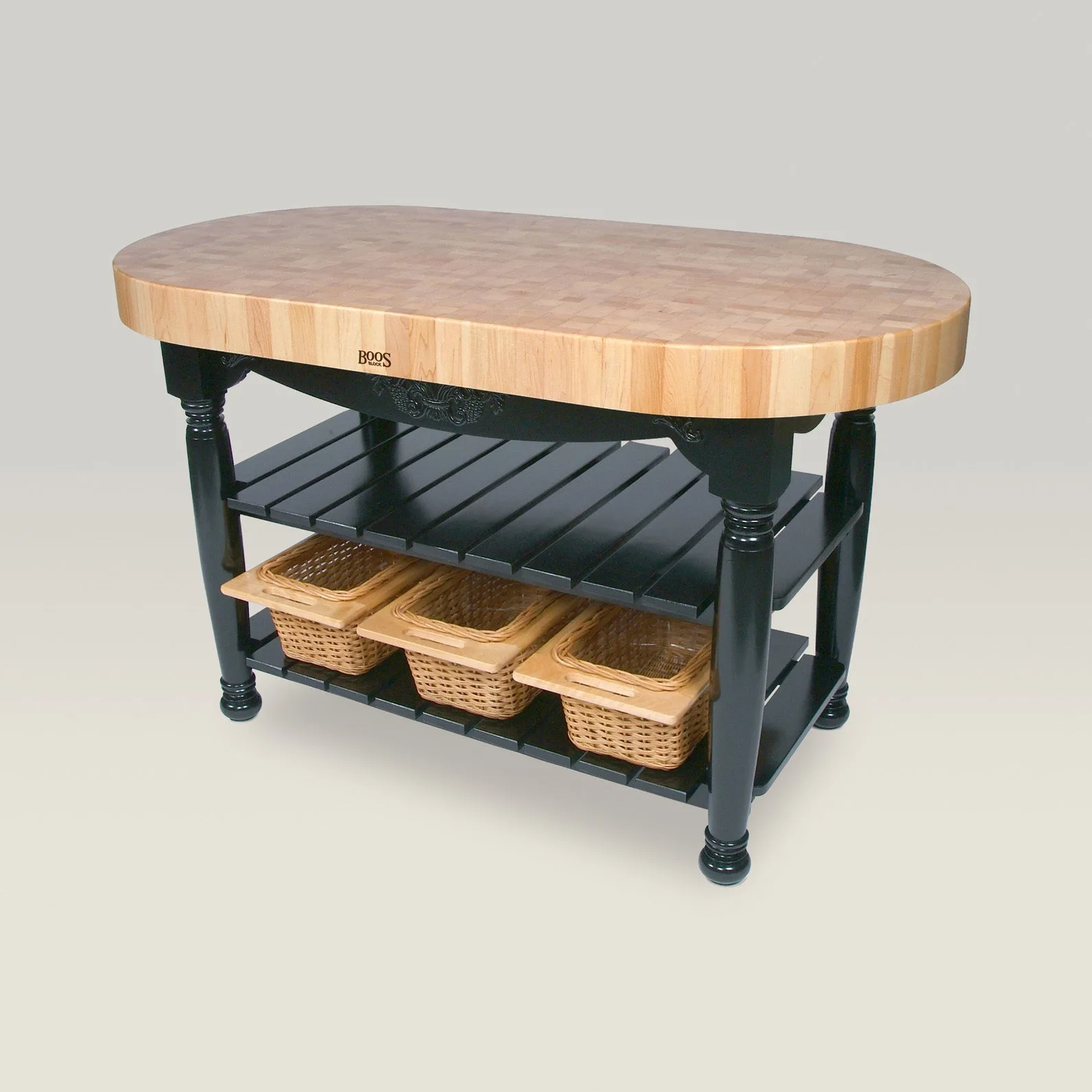 60" x 30" x 4" Maple Harvest Table With Lower Shelf And 3 Wicker Baskets