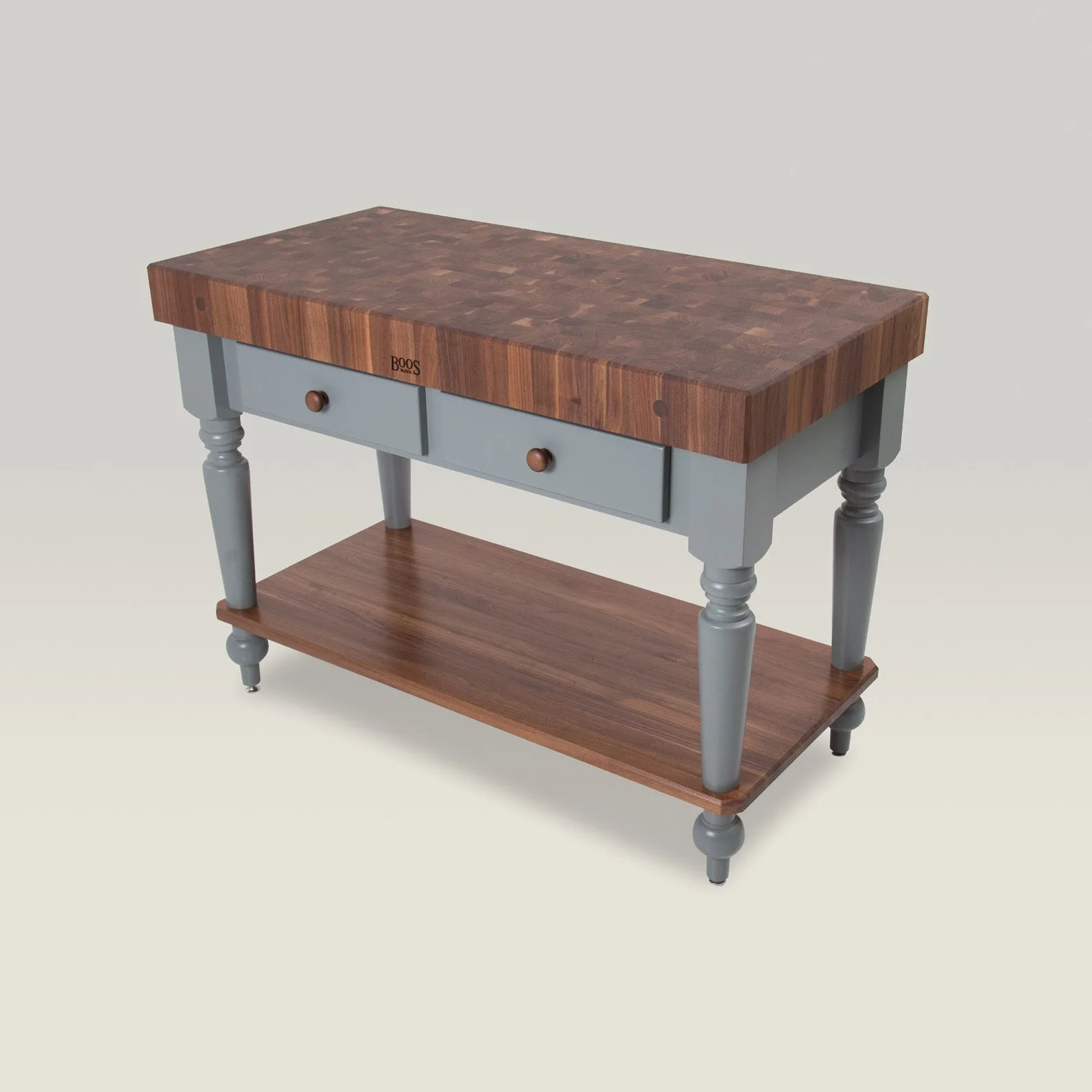 Walnut Rustica Island With 4" Thick Top, Lower Shelf And Utensil Drawer