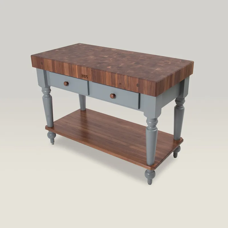 Walnut Rustica Island With 4" Thick Top, Lower Shelf And Utensil Drawer