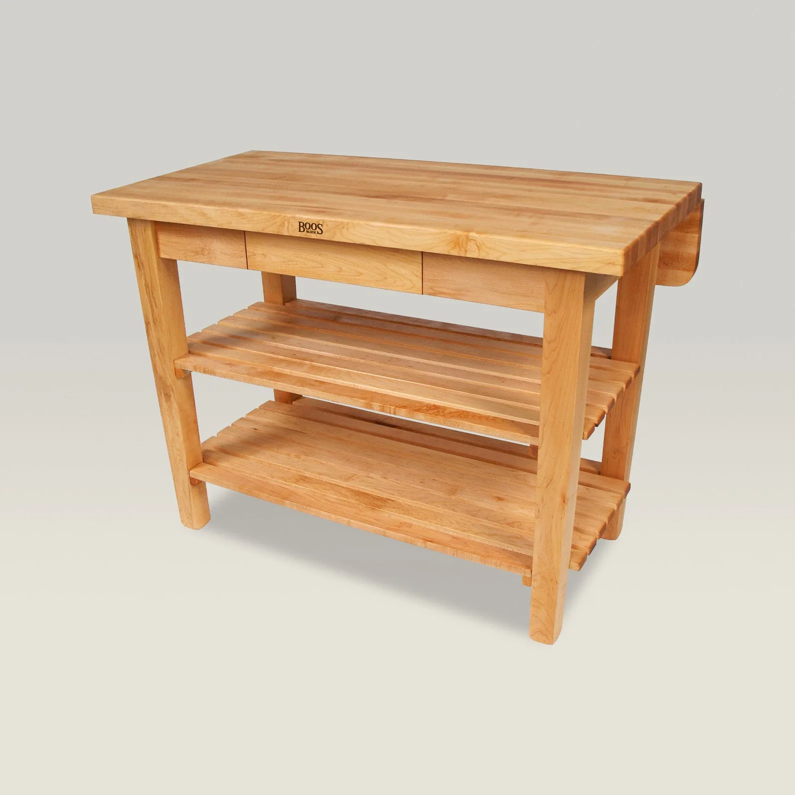 Maple Edge Grain Kitchen Island Bar With 1-1/2" Thick Top And 8" Drop Leaf, 2 Lower Shelves